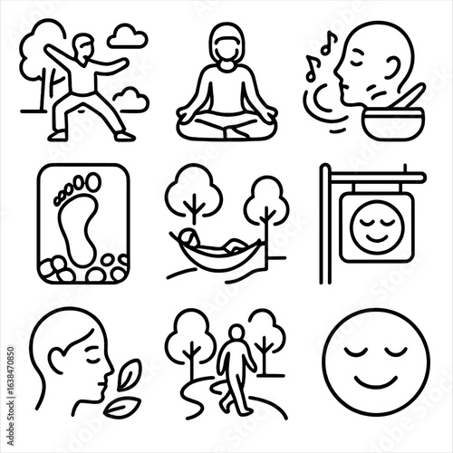 Relaxation Icons Collection. Outline style icons of Relaxation and Wellness: tai chi in the park, quiet meditation icon, sound