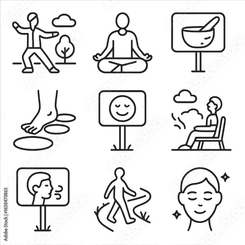 Relaxation Icons Collection. Outline style icons of Relaxation and Wellness: tai chi in the park, quiet meditation icon, sound