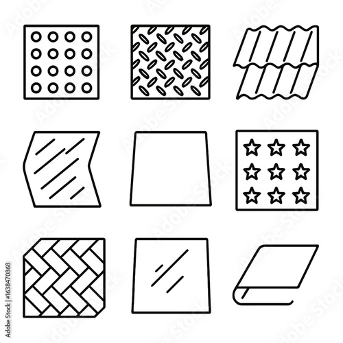 Sheet Metal Icon Designs. Outline style icons of Sheet Metal Designs: perforated sheet, diamond plate texture, corrugated sheet,