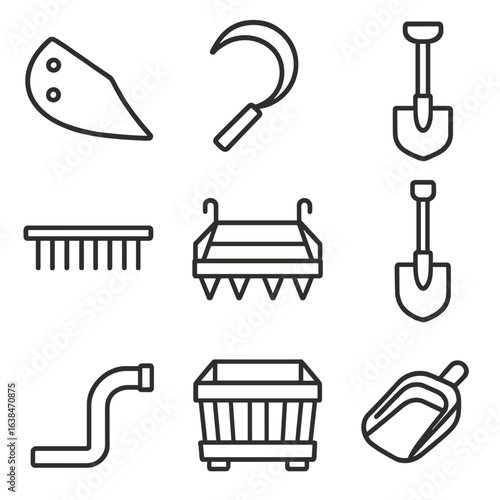 Agricultural Tools Icons. Outline style icons of Agricultural Metal Tools: plow blade, sickle, hoe, rake, tractor attachment,