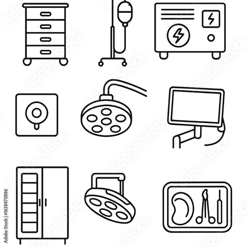 ICU Equipment Icons. Outline style icons of ICU Support Equipment: crash cart, IV drip stand, emergency generator, medication