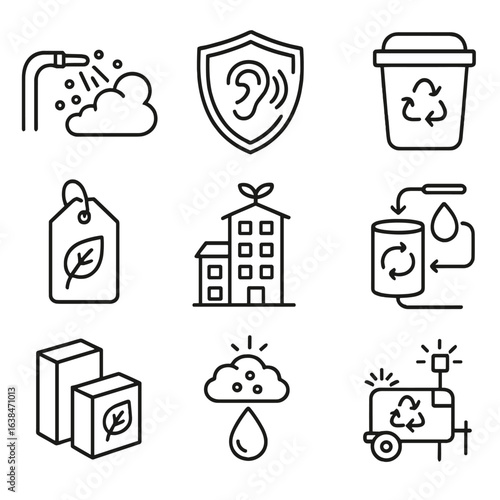 Eco-Friendly Construction Icons. Outline style icons of Environmental Compliance in Construction: dust suppression icon, noise