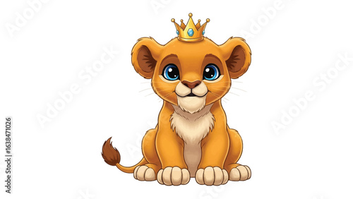 Little Royal Cub: A charming illustration of a playful lion cub adorned with a delicate crown, embodying the spirit of royalty and youthfulness.