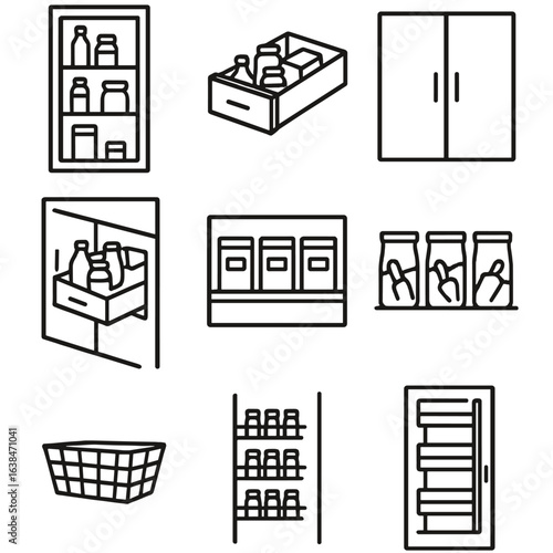 Outline Pantry Icons. Outline style icons of Pantry in Kitchen Layout: wall-mounted pantry, drawer pantry box, kitchen cabinet,