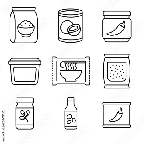 Pantry Staples Icons. Outline style icons of International Pantry Staples: sushi rice, coconut milk, curry paste jar, miso paste