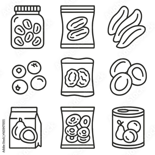 Dried Fruit Icons. Outline style icons of Dried Pantry Fruits: raisins jar, dates pack, dried mango slices, prunes bag, dried