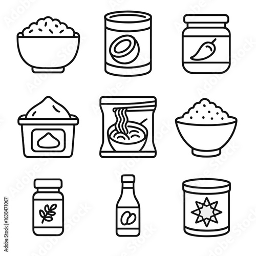 Pantry Staples Icons. Outline style icons of International Pantry Staples: sushi rice, coconut milk, curry paste jar, miso paste