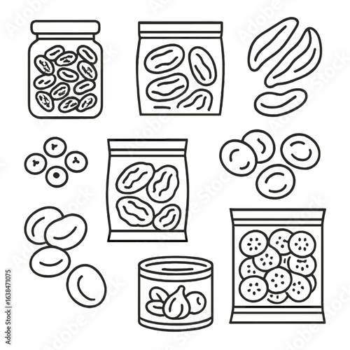 Dried Fruit Icons. Outline style icons of Dried Pantry Fruits: raisins jar, dates pack, dried mango slices, prunes bag, dried