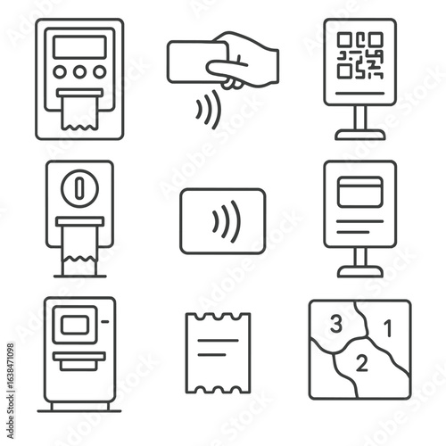 Ticketing Features Icons. Outline style icons of Ticketing Features at Stops: ticket machine panel, card tap icon, QR scan board,