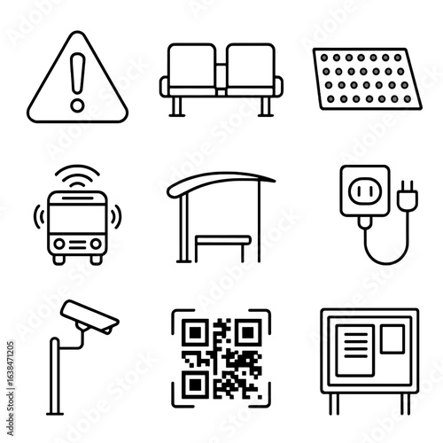 Public Transport Icons. Outline style icons of Public Transport Waiting Area: warning notice sign, seating with divider, tactile