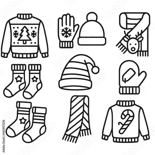 Winter Holiday Icon Set. Outline style icons of Holiday-Themed Winter Clothing: Christmas sweater, snowflake gloves, Santa beanie,