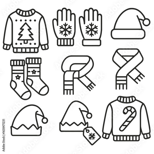 Winter Holiday Icon Set. Outline style icons of Holiday-Themed Winter Clothing: Christmas sweater, snowflake gloves, Santa beanie,
