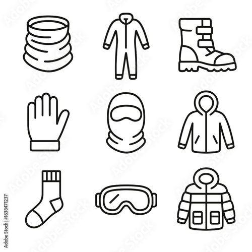 Snowstorm Gear Icons. Outline style icons of Snowstorm Readiness Clothing: layered neck gaiter, snowproof full-body suit, heavy