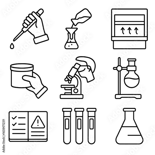 Safe Lab Icons. Outline style icons of Safe Lab Practices: pipette usage with gloves, chemical pouring with funnel, fume hood
