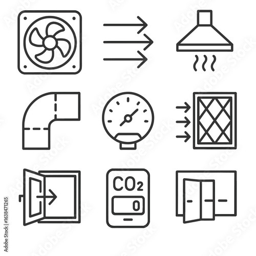 Lab Ventilation Icons. Outline style icons of Laboratory Ventilation: exhaust fan icon, airflow arrows, fume extraction hood, HVAC