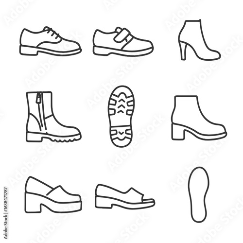 Footwear Icons Collection. Outline style icons of Footwear Details: lace-up shoe, velcro strap, heel detail, boot zipper, sole