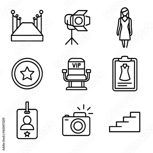 Fashion Show Icons. Outline style icons of Fashion Shows and Runway: runway stage, spotlight, model icon, fashion week badge, VIP