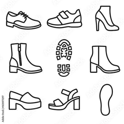 Footwear Icons Collection. Outline style icons of Footwear Details: lace-up shoe, velcro strap, heel detail, boot zipper, sole