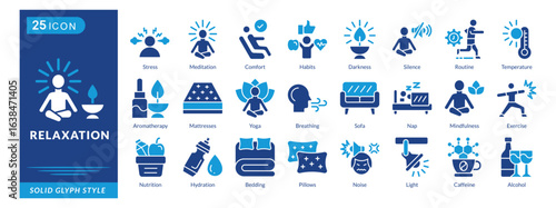 relaxation icon set collection in solid glyph style. an icon pack contain exercise, nutrition, hydration, bedding, pillows, noise, light, caffeine, alcohol, stress