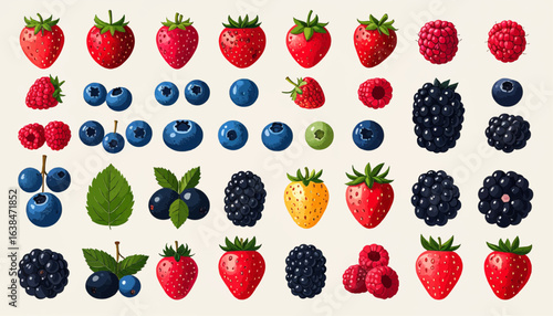 A colorful illustrated collection of various berries like strawberries, blueberries, raspberries, and blackberries.