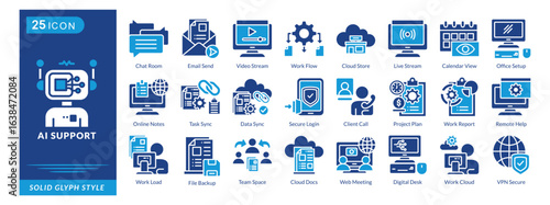 ai support icon set collection in solid glyph style. an icon pack contain team space, cloud docs, web meeting, digital desk, work cloud, vpn secure, file backup, work flow, cloud store