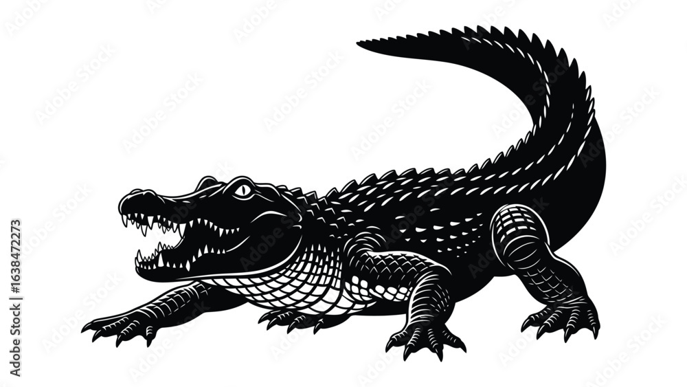 Obraz premium Menacing Alligator Silhouette: A stark, black silhouette of a formidable alligator, a creature of primal power, poised to strike, conveying the raw power of the reptile.