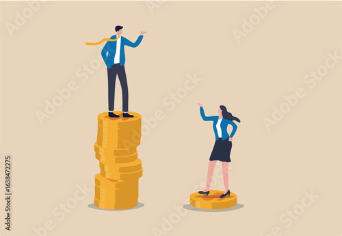 Gender pay gap, inequality between man and woman wage, salary or income, issue about gender diversification concept, businessman standing on much more paid money coins, woman on less small income coin