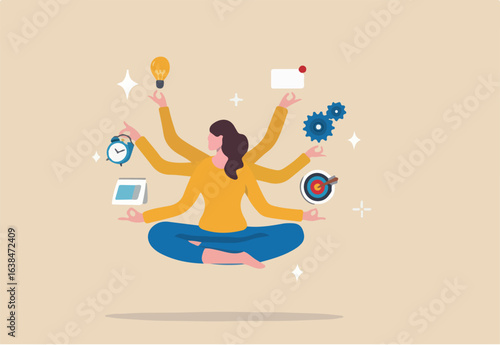 Multitasking or manage project, task or work efficiency, productivity or time management, workload balance or work responsibility concept, productive woman with multiple hands handle multitasking job.