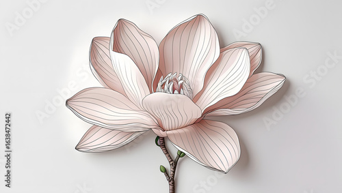 Magnolia Bloom Clipart in Pale Pink with Fine Line Detailing – Elegant Botanical Illustration on White Background for Floral Designs and Invitations