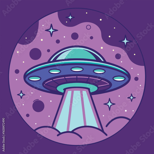 Whimsical ufo abducting with a beam in a starry purple sky