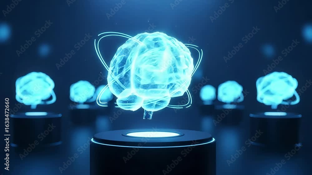 Holographic digital brain model emitting blue light and rotating on a pedestal, surrounded by other similar models, symbolizing ai and cognitive science