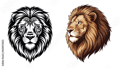 Lion Portrait: A striking graphic of a regal lion's head in two distinct styles, representing strength, power, and majesty.