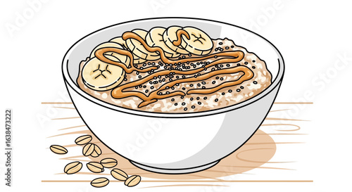 Delicious oatmeal bowl with banana slices, peanut butter drizzle and peanuts