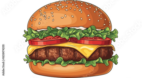 Delicious cartoon-style burger featuring fresh ingredients and sesame seeds