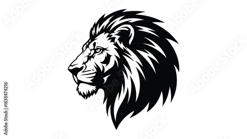 Regal Lion Profile: A striking lion head, depicted in monochrome, showcases the majesty and strength of the king of the jungle, suitable for various design applications.