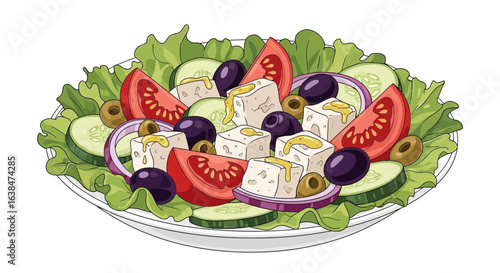 Illustration of a vibrant greek salad with fresh ingredients and tangy dressing