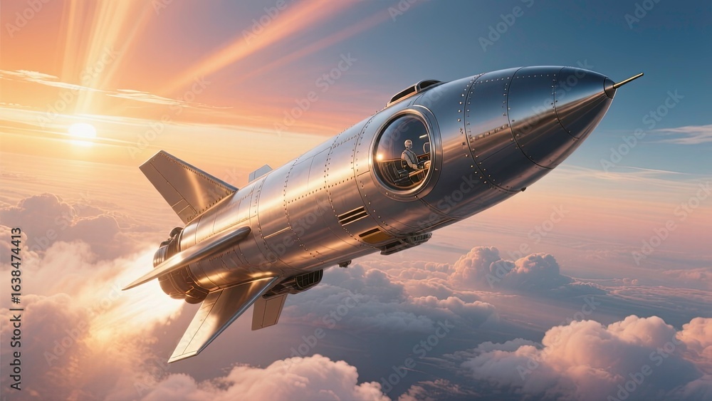Obraz premium The rocket pierces through the glowing hues of a sunset sky, trailing flames and smoke as it soars upward, showcasing precision and power in its military design, 3d render