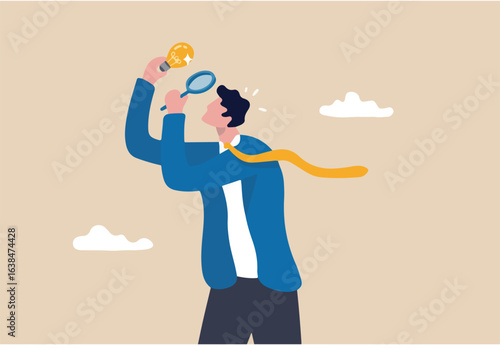 Perfectionist, too much attention to details, high standard goal, focus on perfect result concept, perfectionist businessman with magnifying glass looking at every details of lightbulb idea.