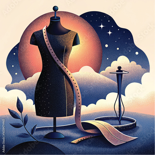 Stylish dress form with tailor's tape on abstract background  