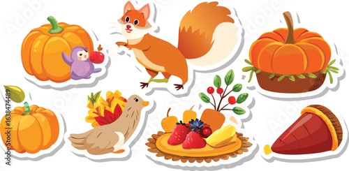 Seamless Halloween pumpkin set with funny cartoon animal illustrations like a cat, dog, owl, and squirrel for kids' cards and decorations