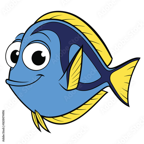 Smiling blue tang cartoon fish swimming with yellow fins on transparent background
