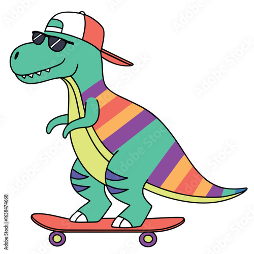 Cool cartoon dinosaur with sunglasses and hat rides skateboard on white background