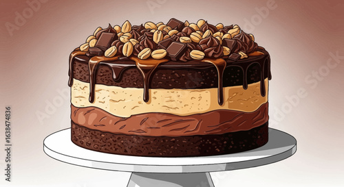 Decadent layered chocolate cake adorned with peanuts and chocolate chunks
