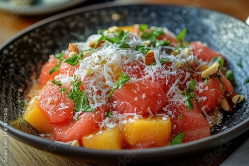 A serving of fruit salad topped with shredded coconut and chopped nuts for added texture