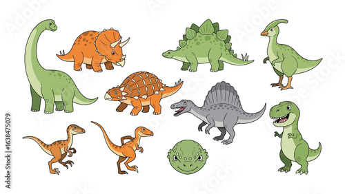 Prehistoric Pals: A vibrant assembly of diverse dinosaurs, each with distinct features and colors, create a playful prehistoric tableau.