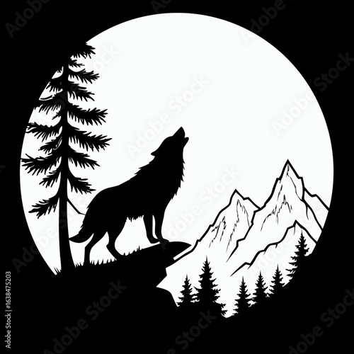 Wolf howling at the moon silhouette in a forest with mountains isolated on white background