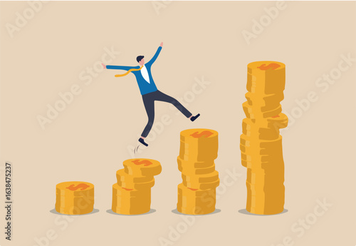 Compound interest, money growth investment, prosperity or earning and profitability stock concept, happy businessman investor jumping on stack of growth compound money coins.