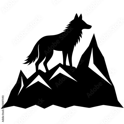 Wolf standing on mountain peak silhouette isolated on white background