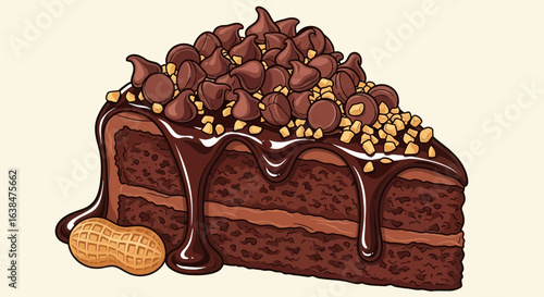 Illustration of a decadent chocolate peanut cake slice with dripping fudge