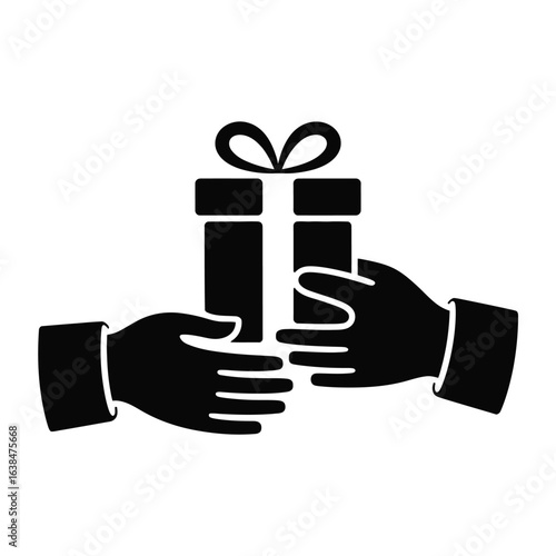 Hands exchanging a gift box with a ribbon